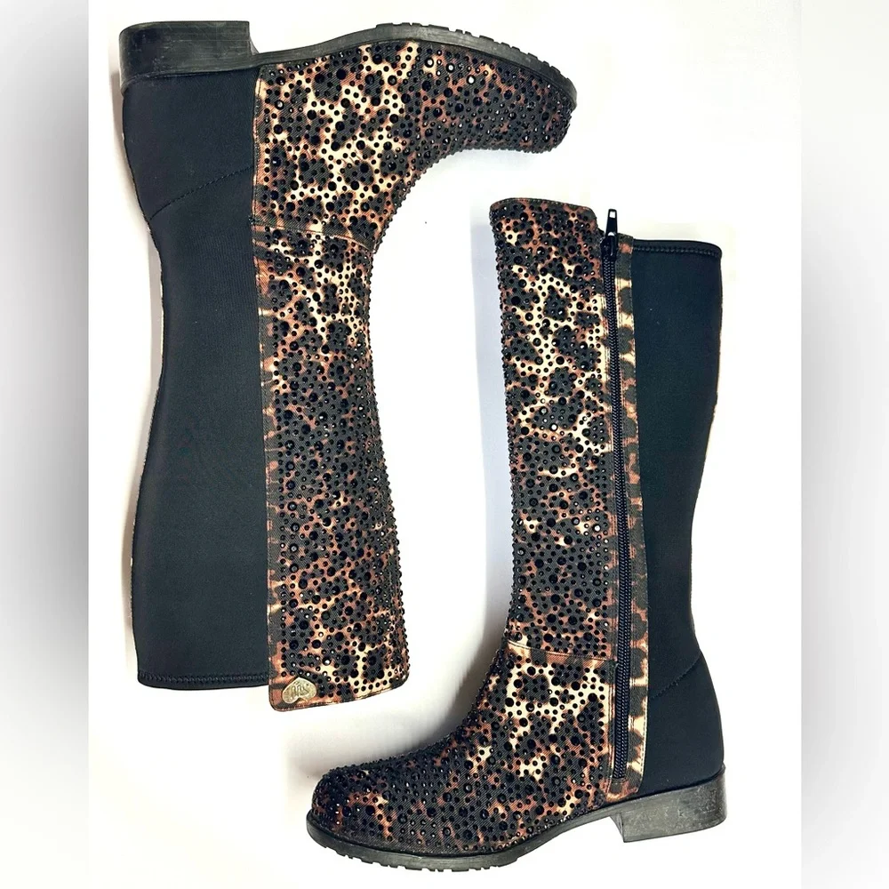New Stuart Weitzman Crystal Cheetah Iconic 50/50 Black & Brown Girl's Boots, 2
